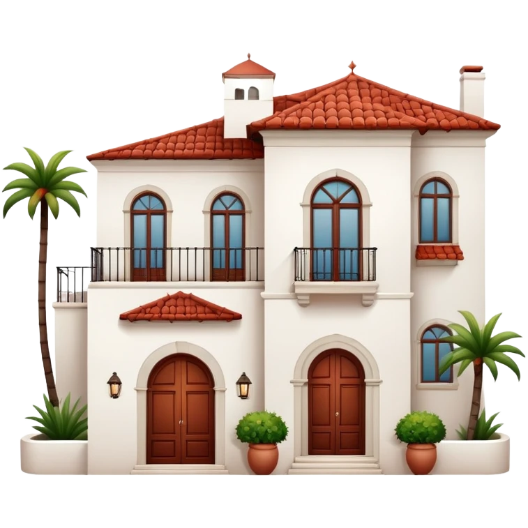 White stucco Spanish villa with red clay tile roof, arched windows, and small balcony emoji