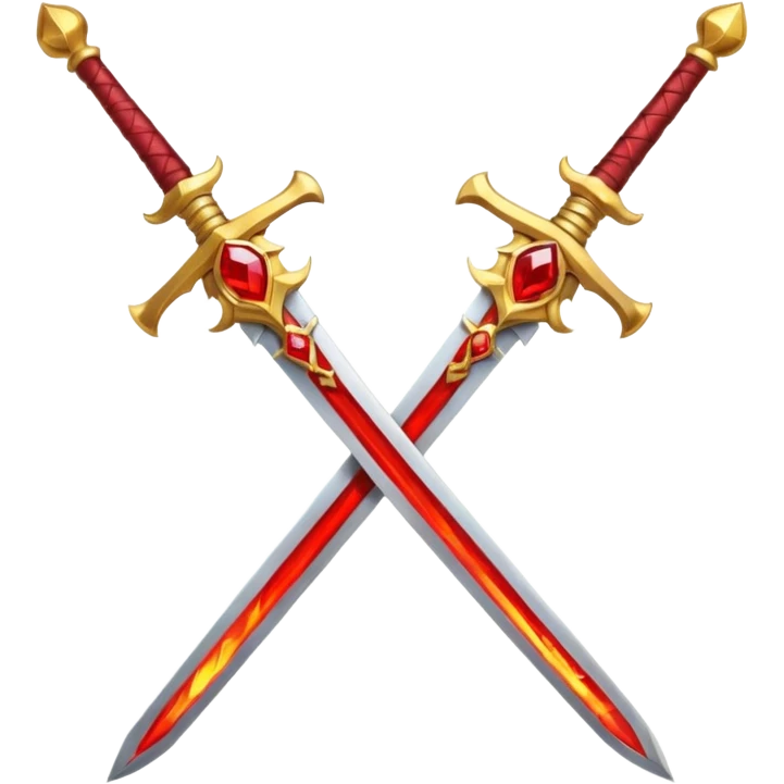 Two crossed swords that are golden in blade and handle and have fiery and royal appearence to them as well as red gem stones yellow in color emoji
