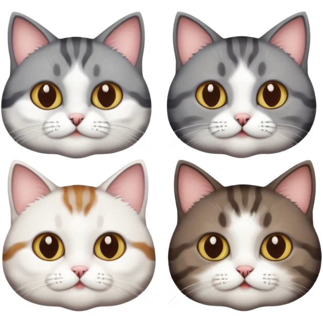4 different coloured short haired cats including; a dark brown tabby and white cat, and a dark grey and white  emoji