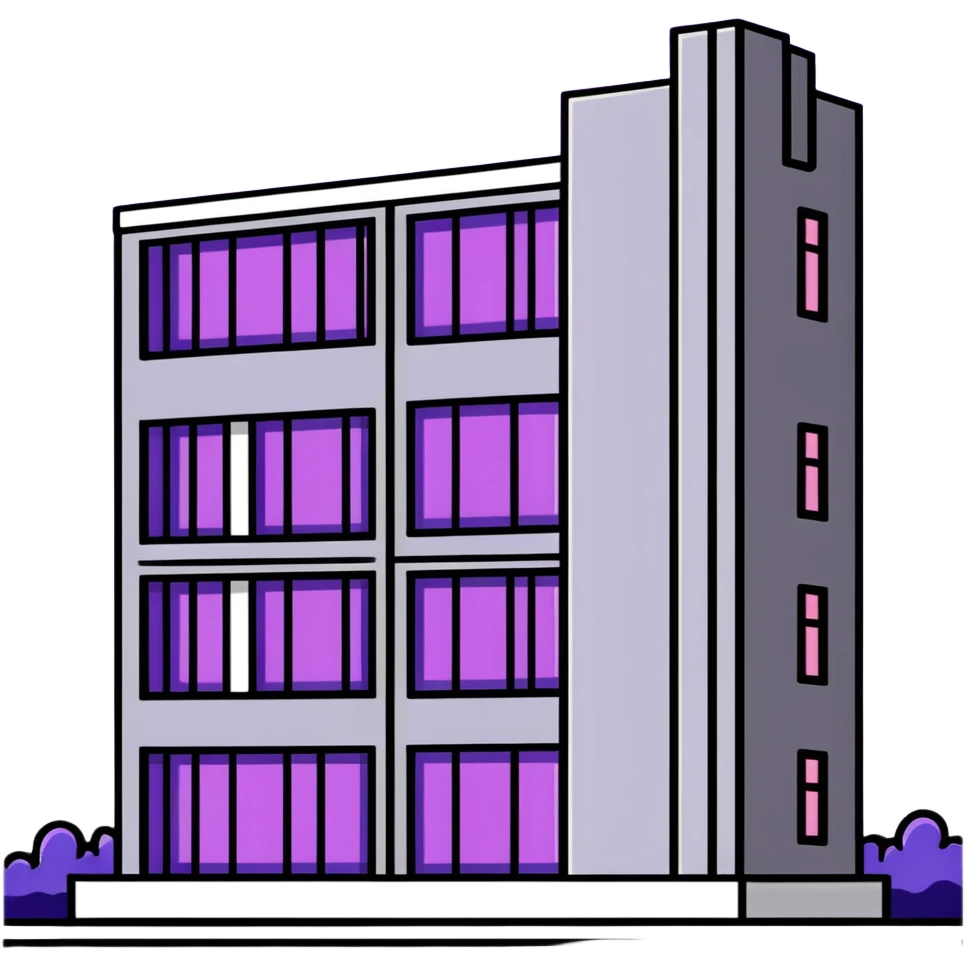 Minimalist gray concrete panel building, slight ghetto vibe, one window with bright purple ultraviolet light for growing plants, simple rectangular shape, stark and bare emoji