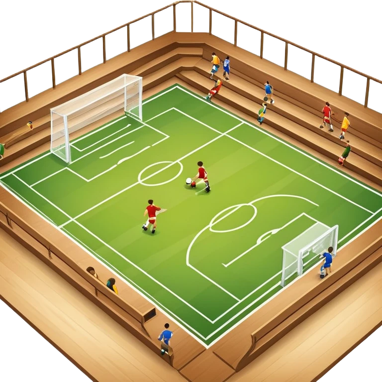 A mini-football match in an indoor sports hall with a wooden floor and clear court markings. The scene captures players in action, with the ball moving towards the goal, and the surrounding bleachers and overhead lights adding to the atmosphere of a competitive game. emoji