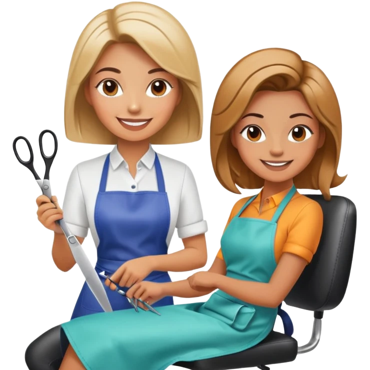 smiling woman in apron sitting in salon chair, smiling female hairstylist behind her with scissors emoji