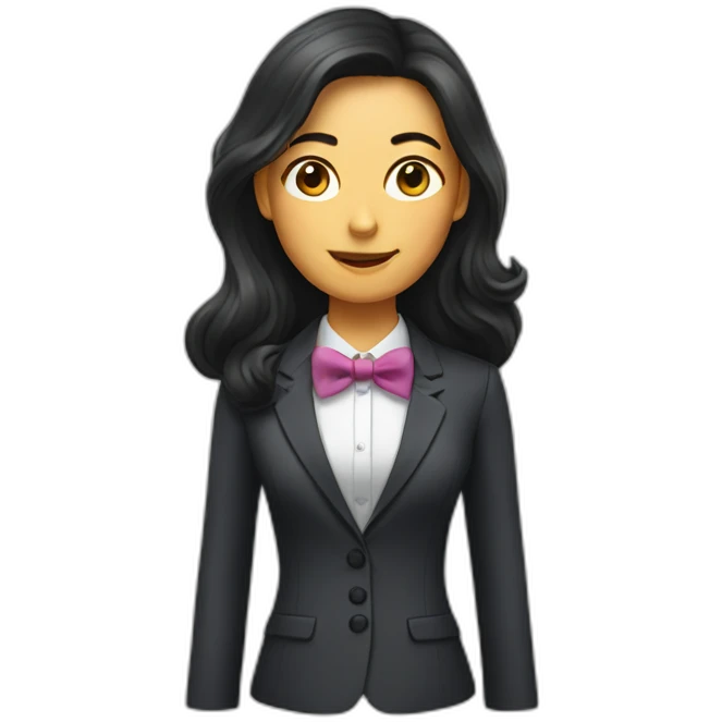 Woman with long dark hair wearing suit with bow tie emoji