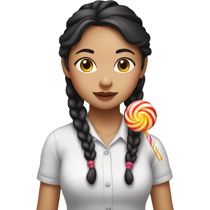 This image is a young Vietnamese woman. She has long, dark hair styled in two braids, one over each shoulder. A white lollipop stick is hanging out of the right side of her mouth, with the candy part out of view. She is wearing a white shirt emoji