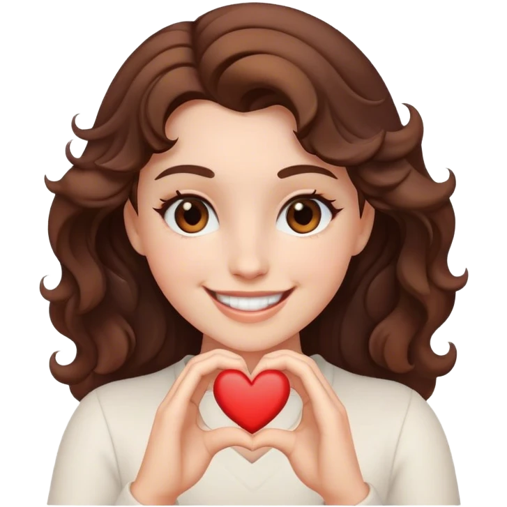 White women in a wavy hair brown and black eyes smiling and making a heart emoji