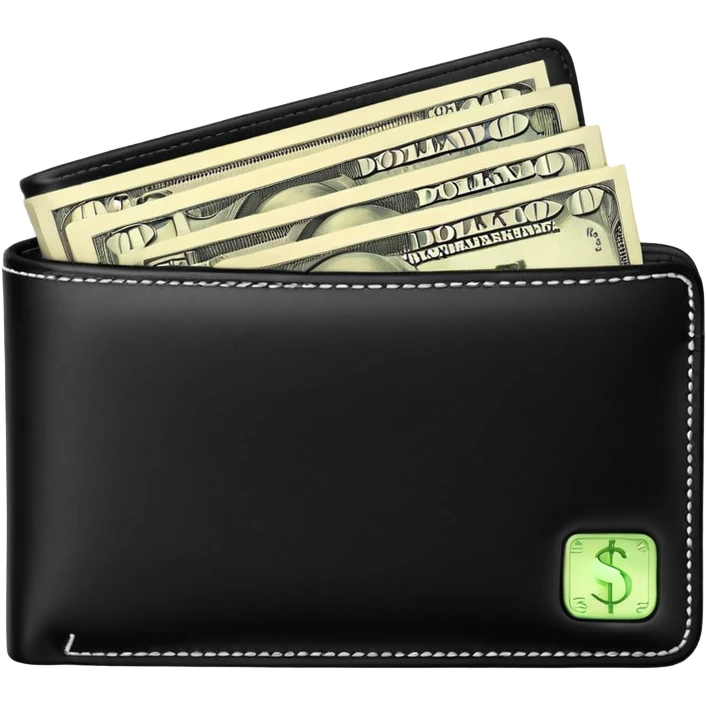 Rich emoji style black leather wallet with dollar bills, luxury money vibe, premium 3D emoji, ultra clean, high detail, no background emoji