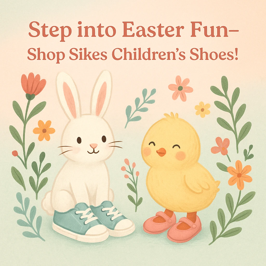 Easter-themed Instagram post featuring a pastel background with a bunny and chick wearing children's shoes, surrounded by floral accents, with a headline text: 'Step into Easter Fun—Shop Sikes Children’s Shoes!' (no logo present) emoji