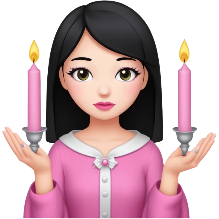 A gurl with black hair pink cloth make up holding a white candle emoji