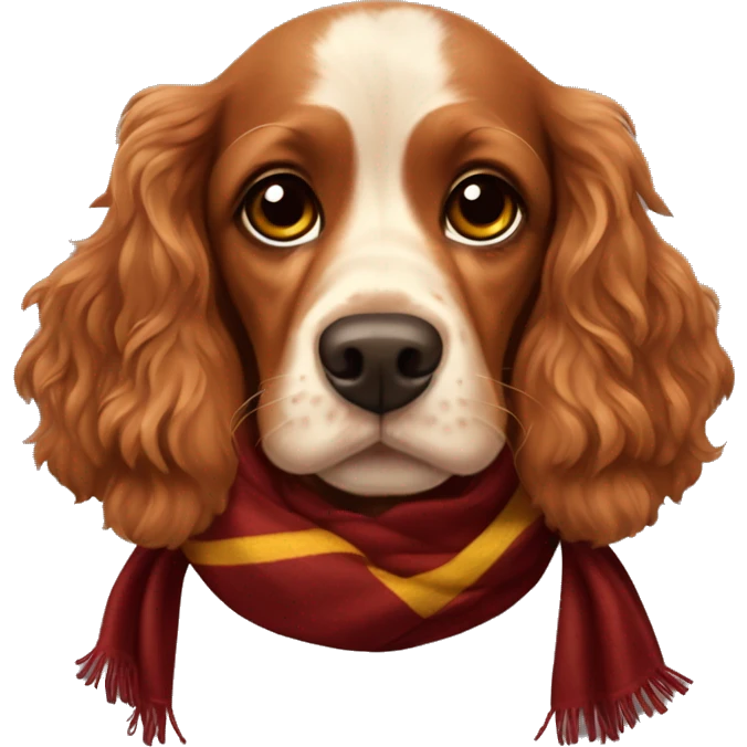 red dog Cocker Spaniel with brown nose and brown eyes in scarf of Gryffindor faculty emoji