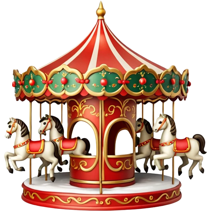 Apple iOS style 3D emoji icon of a vintage Moscow Christmas carousel.
Round ornate roof with red and gold patterns, miniature horses, decorated with glowing warm light garlands and light dusting of snow. Smooth glossy plastic texture, high-end 3D render, vibrant festive colors, resolution. emoji