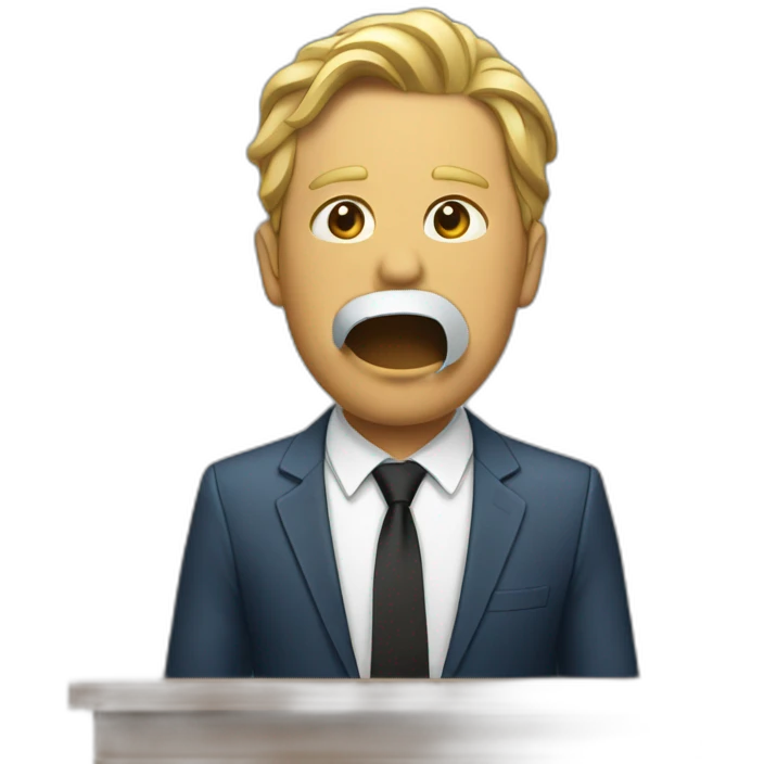 Man giving speech at podium with tape placed over mouth emoji