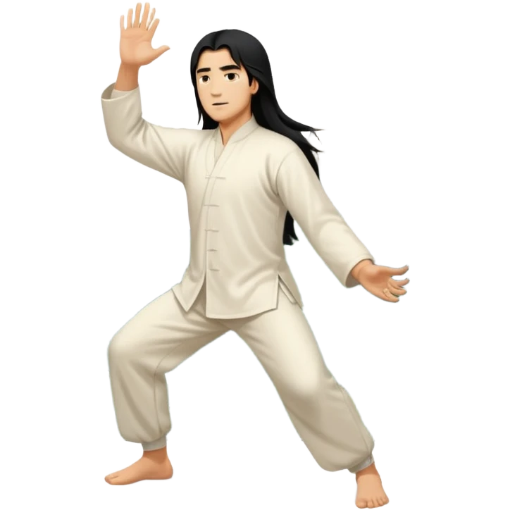 homme au cheveux long qui pratique le qi gong, en habits noirs ou blancs, qui pousse la montagne emoji