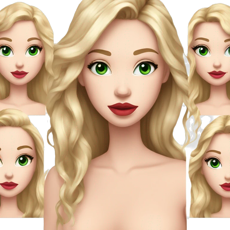 1 blond girl with straight hair, red lips and cat eyeliner, blonde girl with wavy hair, eye liner, blue eyes and full pink lips, brunette with shorzer wavy hair, green eyes and nude lips emoji