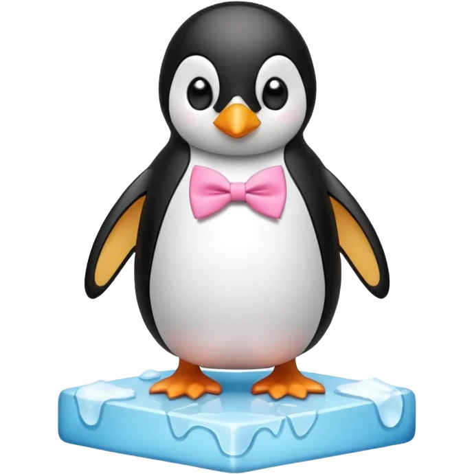 penguin, pink bow tie, standing on small ice melting block emoji