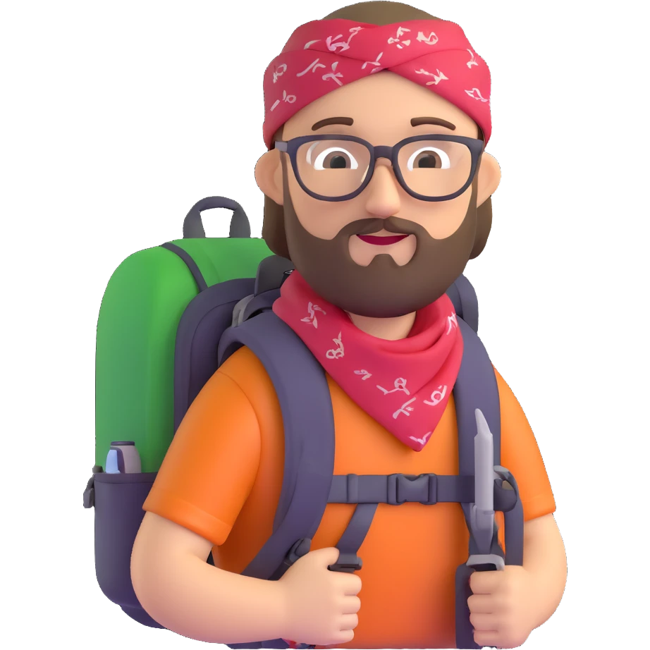 adventurer with goatee beard (no beard on cheeks), short hair, glasses, bandana on head and backpack emoji