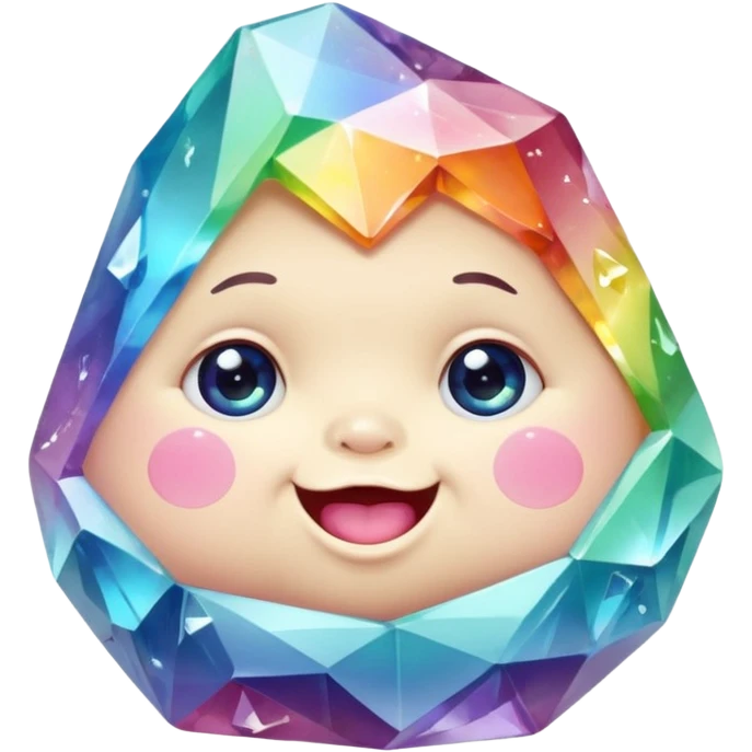 A single pastel rainbow crystal baby rock character, chubby and heavy with a chunky, irregular polygon shape,covered in faceted crystal planes and small chips, big glossy rainbow eyes and a small smiling mout emoji
