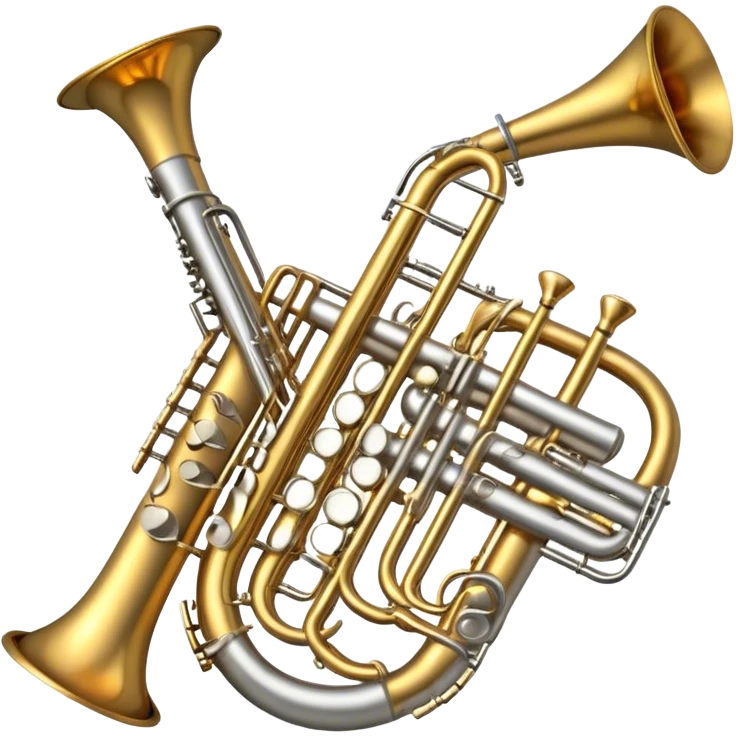 Create a professional and elegant emoji collage symbolizing wind instruments, using a combination of copper, white metal, and black wood. The design should feature iconic instruments like a trumpet, saxophone, tube, oboe, and horn. Each instrument should be represented with its key elements clearly visible.
Each instrument should be designed with realistic textures, including the gleam of metal and the deep, rich tone of black wood. Arrange the instruments in a balanced and harmonious way, making sure the elements are easily recognizable. Use metallic gold, silver, and copper tones with black wood accents. The background should be transparent to highlight the instruments. emoji
