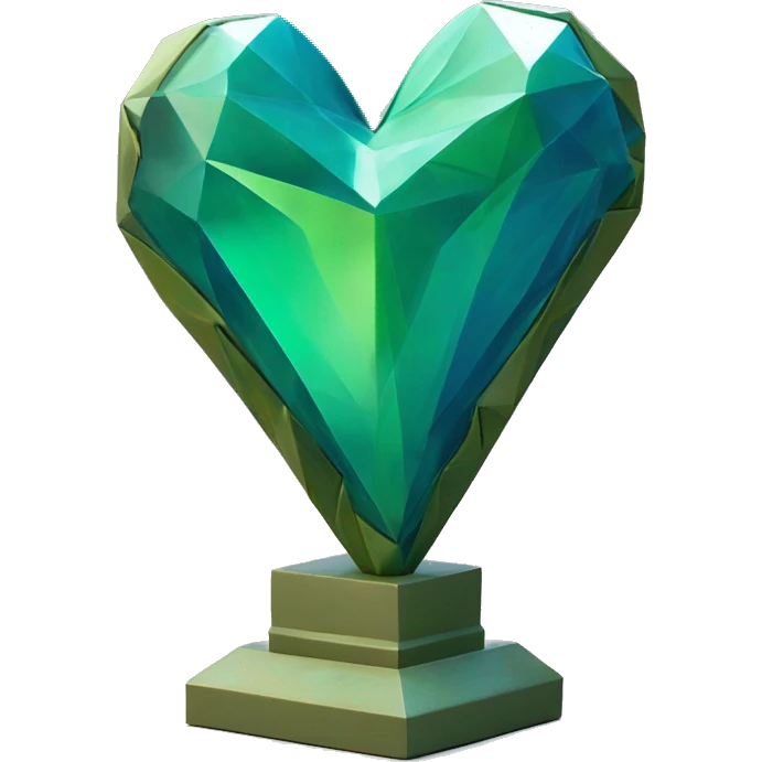 A blue-green heart sculpture with a geometric, faceted design. The heart is standing upright with angular and romantic vine features. The vibrant green colors highlights the sharp edges and planes. emoji