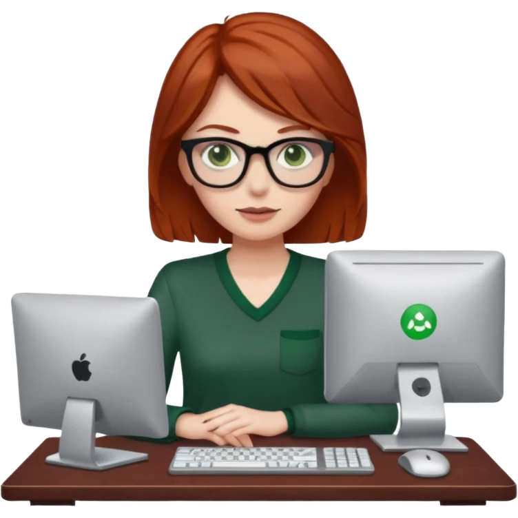 dark red log haired white woman with glasses and green eyes behind a computer dressed casually emoji