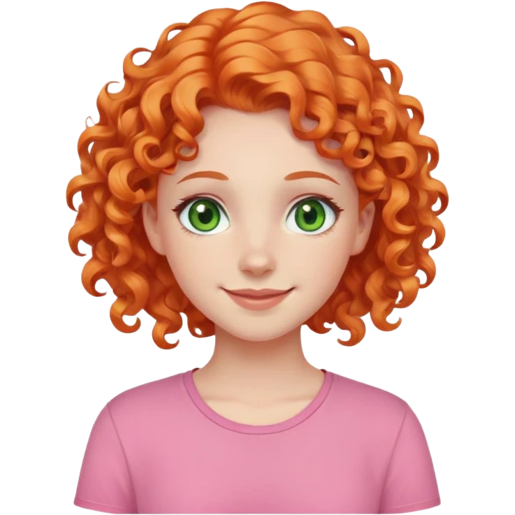 smiling pale girl with curly orange hair, green eyes, pink shirt emoji