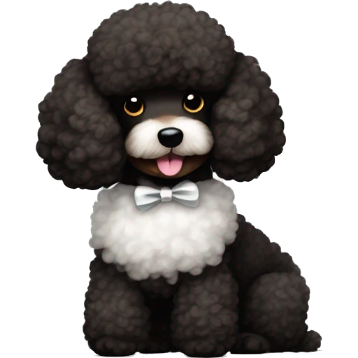 black and brown poodle with white fur on its belly and a bow emoji