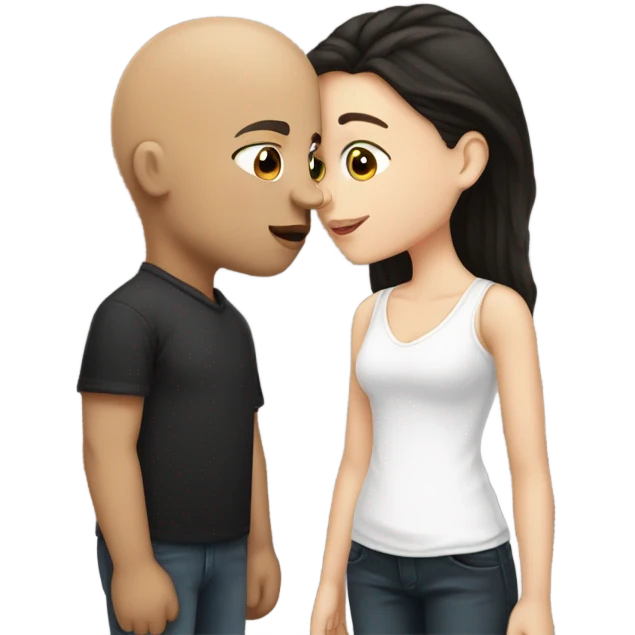 White girl dark hair kissing bald black man emoji