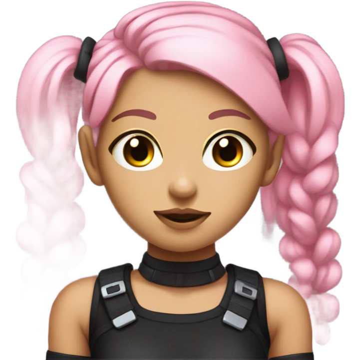cyborg girl, pink twintails, cyberpunk, black collar, black crop top emoji