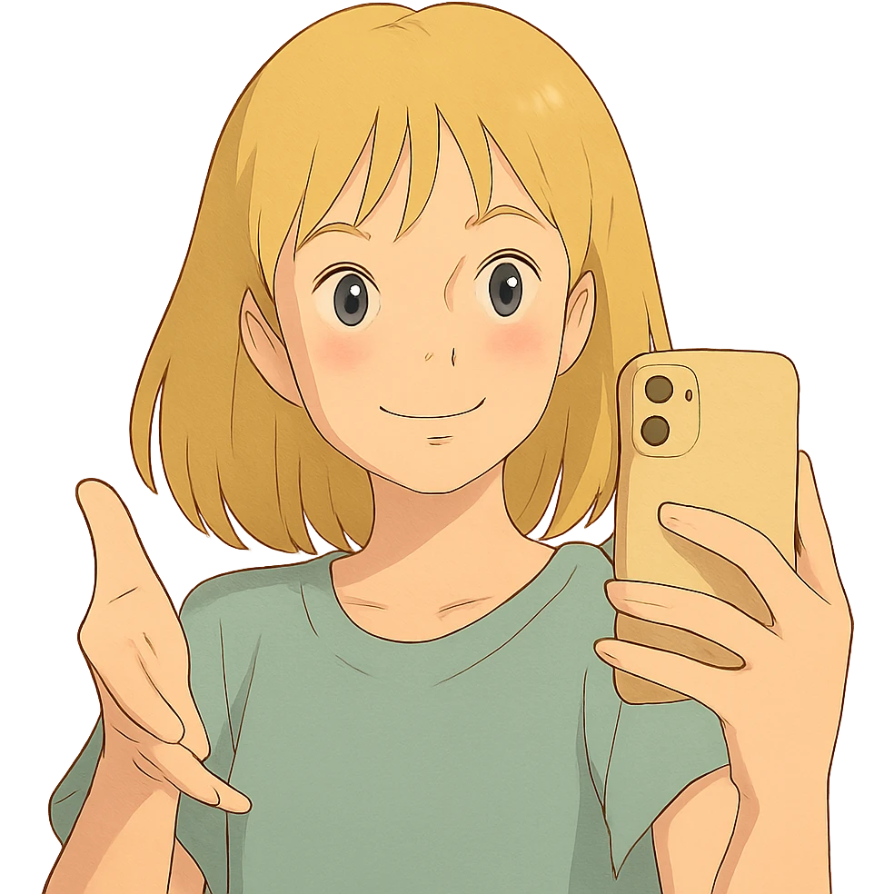 ghibli style illustration of a blonde girl taking a selfie with soft colors emoji