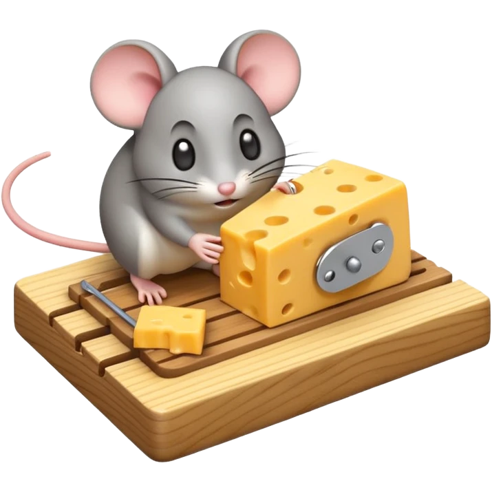 A 3D emoji in iOS emoji aesthetic style of a small mousetrap on a wooden base with a tiny gray mouse approaching a small piece of yellow cheese on it, minimal white background, bright lighting, clean and glossy Apple-style design emoji