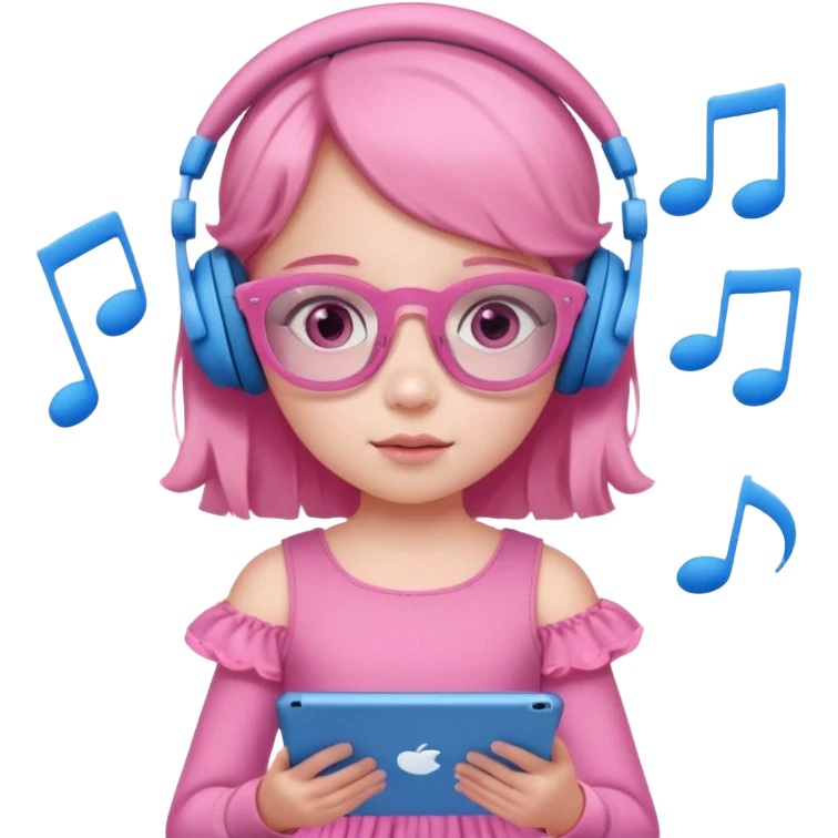 Little girl with headphones when pink eyes and pink iPad and pink dreamy background and rose colored glasses and blue music notes around her and pink dress emoji
