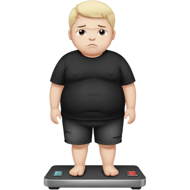 sad fat young boy in black t shirt on weight scale  emoji