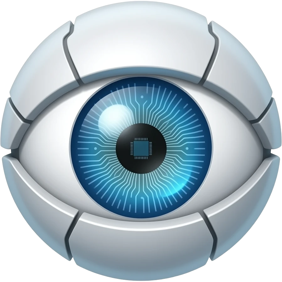 Un solo ojo de un robot  que el centro de el ojo se mire un chip y alrededor electros futurista emoji