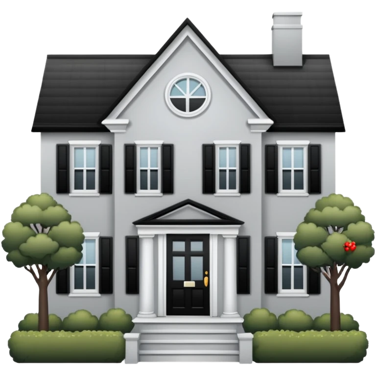 light gray colonial house with black shutters and black front door emoji