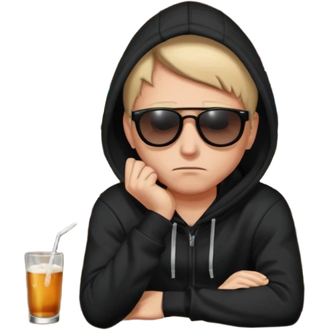 Caucasian in black hoodie sitting sad at bar emoji