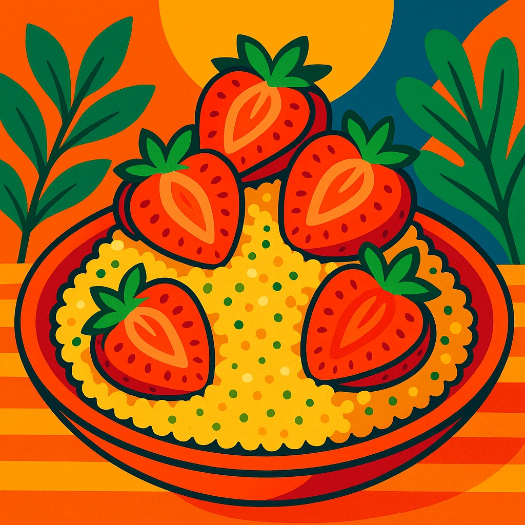 couscous dish topped with sliced strawberries, colorful, inviting, food illustration emoji