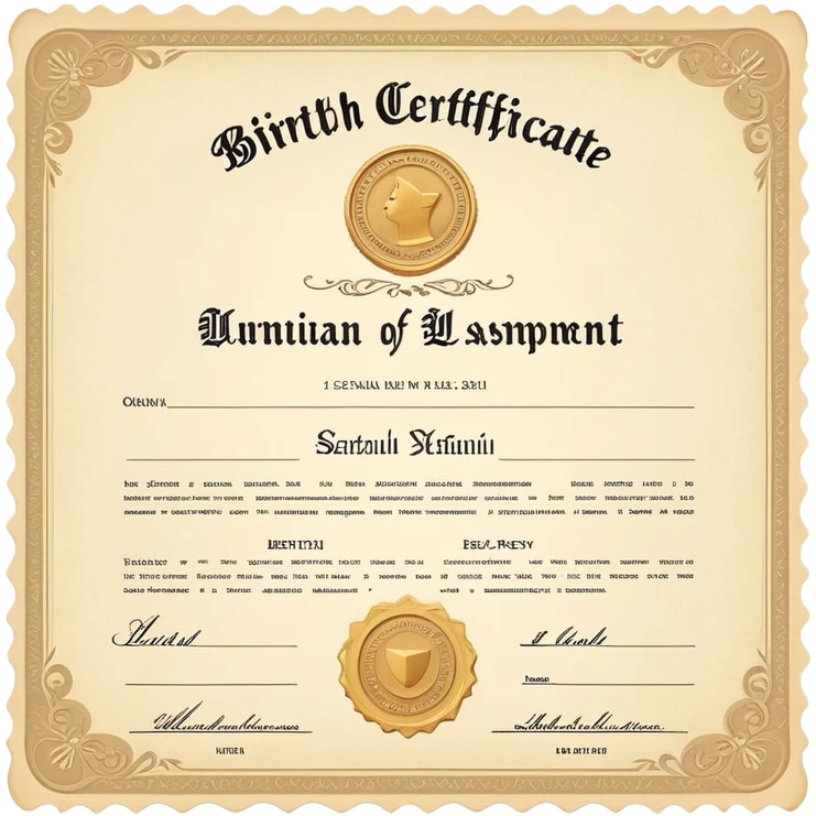 Birth certificate document with name, date of birth, and official seal emoji