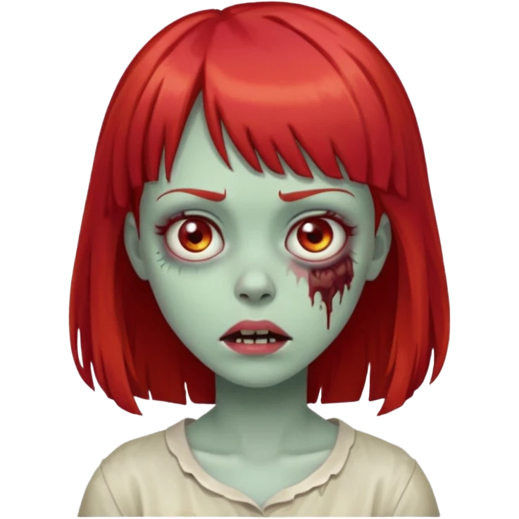 zombie girl, with red hair and bangs on forehead emoji
