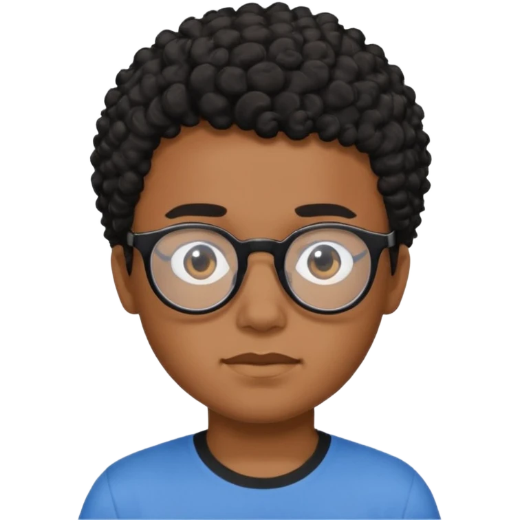 Menino moreno com cabelo curto cacheado preto, de óculos preto e blusa azul emoji