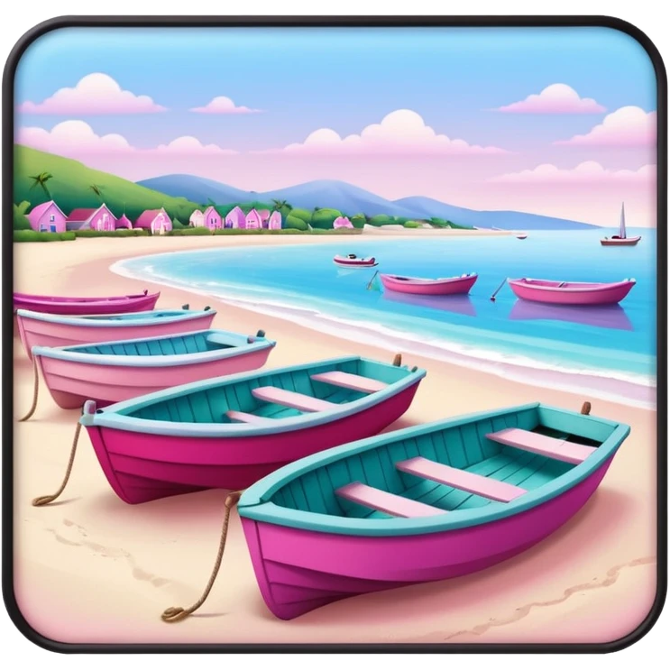 soft aesthetic coastal vibe with small boats, wooden docks, gentle waves, beach area, no industrial elements, only pink tones from pastel to vibrant fuchsia, soft shadows, rounded edges, in Apple iOS emoji style emoji