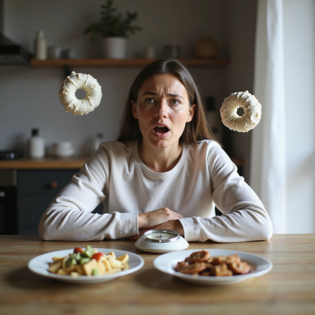 adult woman, photorealistic, yo-yo diet effects, sitting at table with plates of healthy food and sweets, frustrated expression, scale with changing numbers, natural light, kitchen background emoji