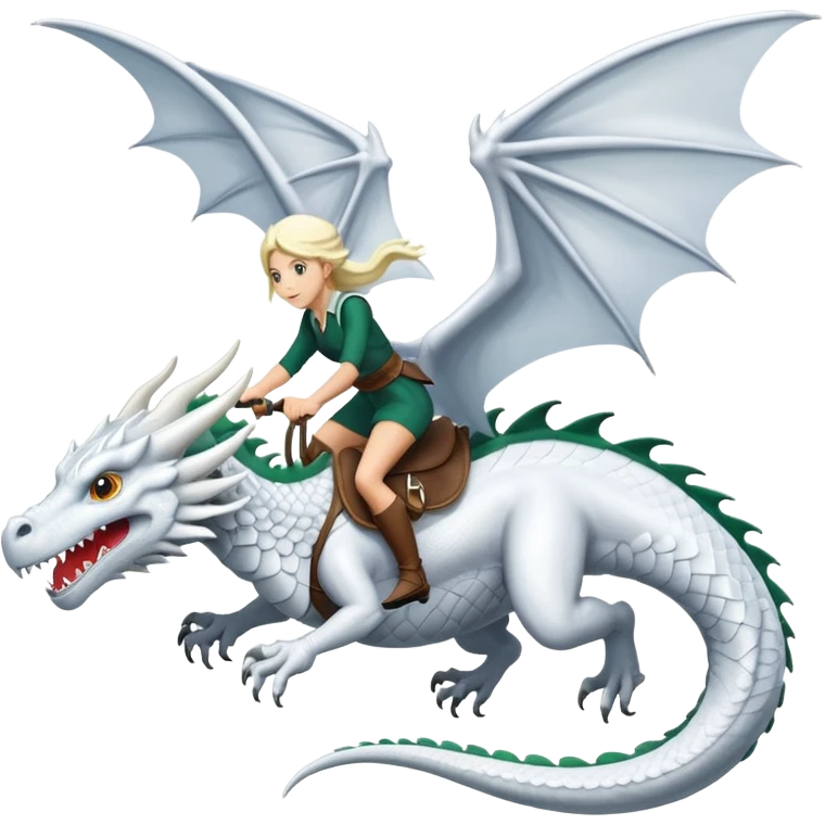 Large white dragon flying with a  female rider on top of it emoji