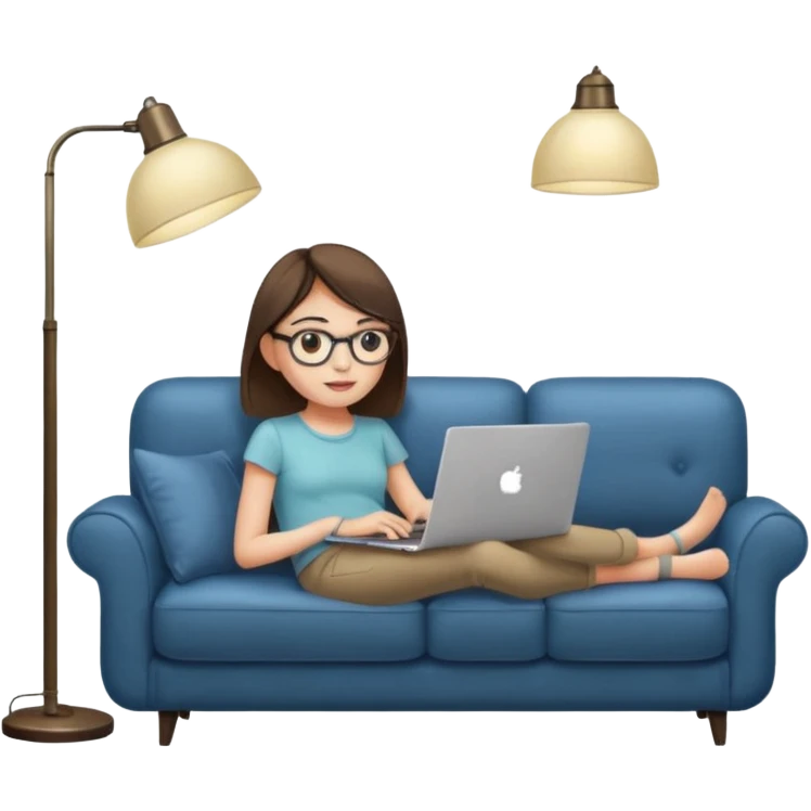 A girl is working with a laptop while lying on a sofa, with a floor lamp to the right. emoji