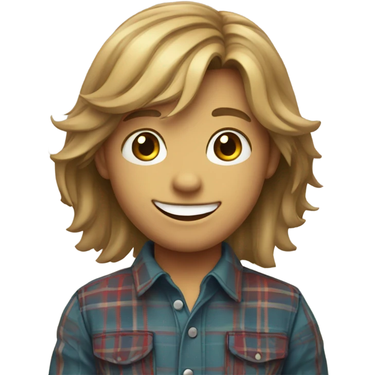smiling boy with long hair in plaid shirt emoji