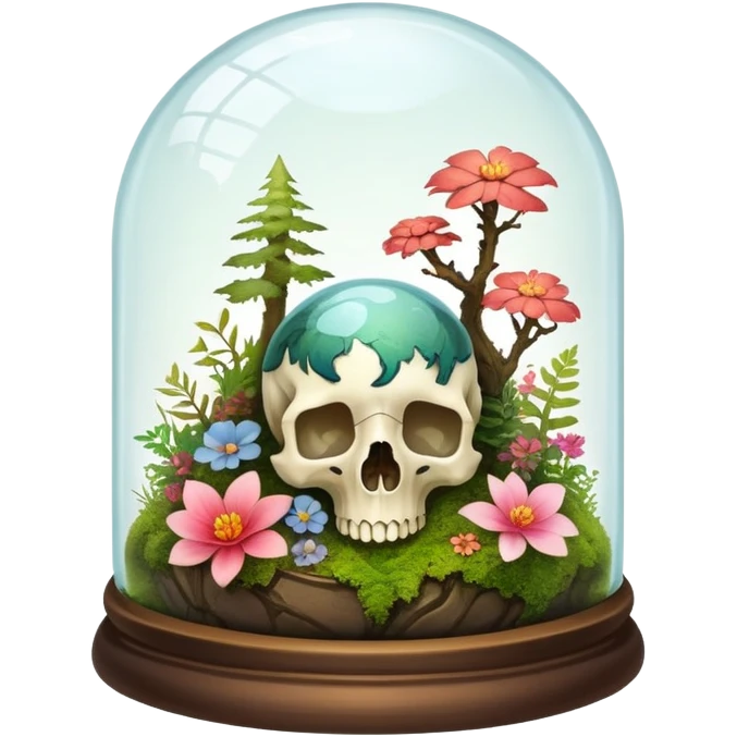 Mystical woodland glass-dome-terrarium-globe with moss and an animal skull and flowers inside  emoji