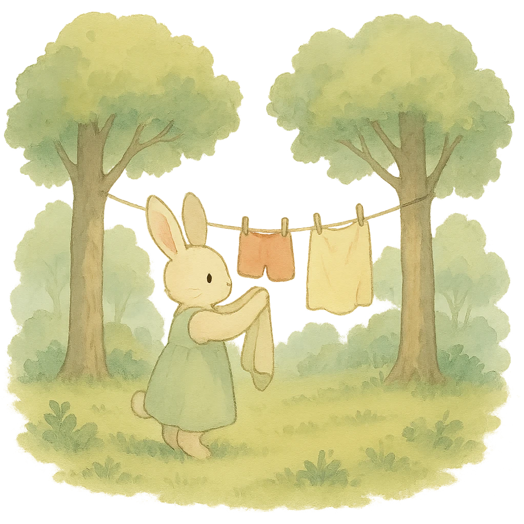 bunny hanging laundry between trees, calming domestic forest feel, soft pastel colors emoji