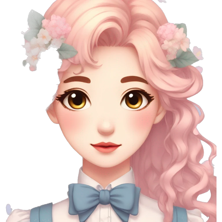 Gorgeous pastel anime style lady with blushing face and flowers and laces and bow ties and pretty hair aesthetic trending style emoji