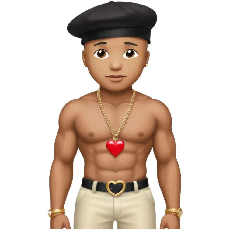 LL Cool J with black hat, metallic ivory pants, shirtless with necklace with red heart emoji