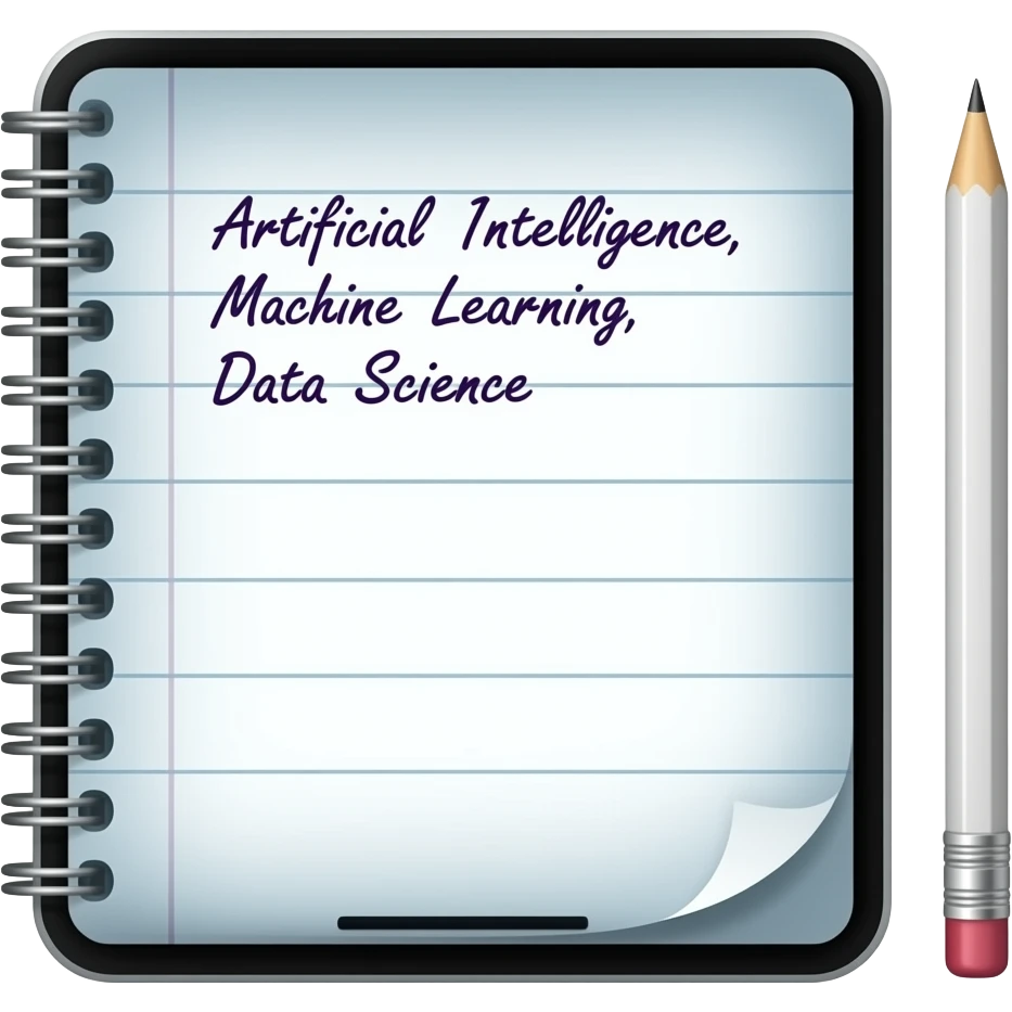 new ipad with cute notes app open and Artificial Intelligence, Machine Learning, Data Science written on it as heading on top left bullet points make sure its rectangle in shape and has a pencil beside it and has cursive handwriting written in dark purple colour emoji