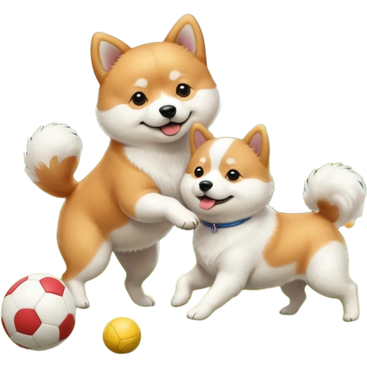 2 dogs, a ginger shiba inu and a small white dog breed coton de tulear, playing with a ball in a sunny garden emoji