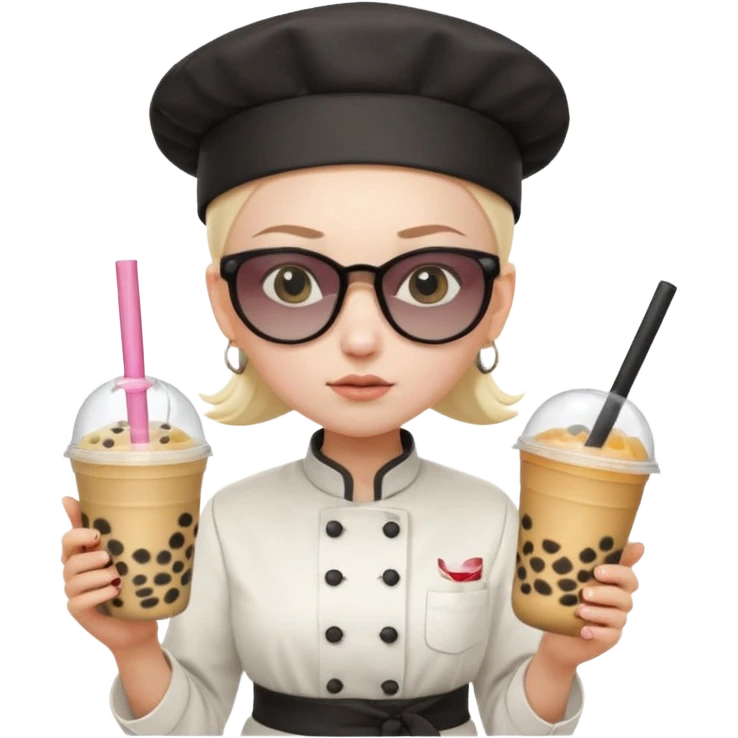 A Angry Teen Female with Pale skin and Bald, wearing a Uniform outfit, a Chef hat, Sunglasses, carrying a Wand, working as a scientist, while drinking Bubble tea and reading a Book.
 emoji